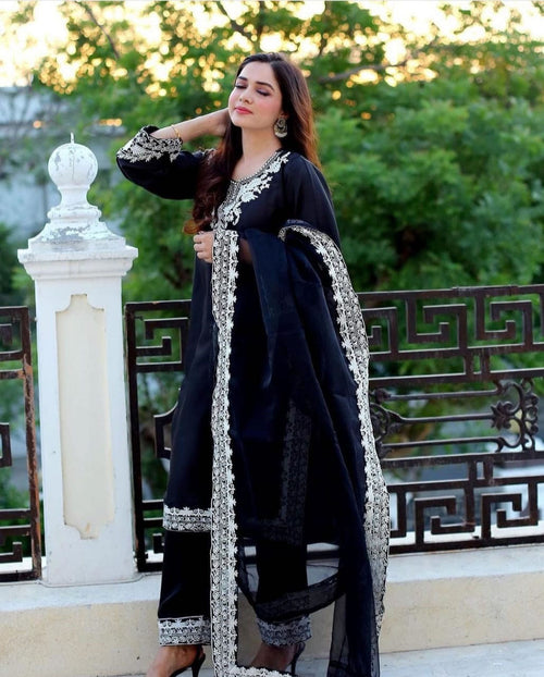Embroidered 3PC Raw Silk Suit - Neck, Sleeves & Daman Design