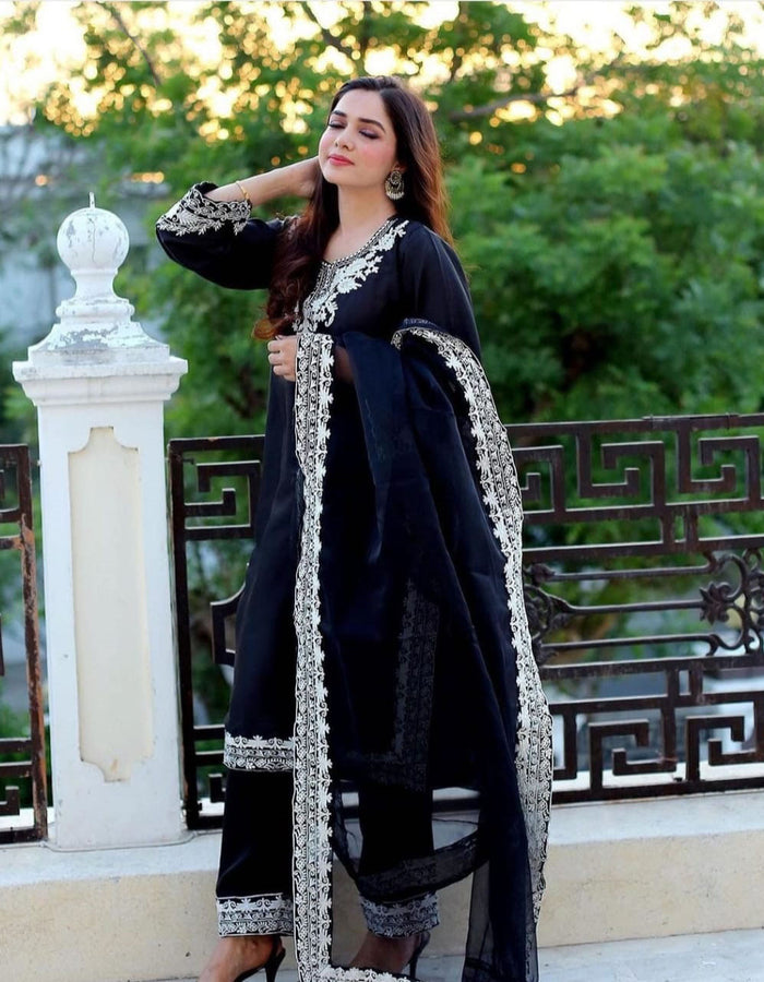 Embroidered 3PC Raw Silk Suit - Neck, Sleeves & Daman Design