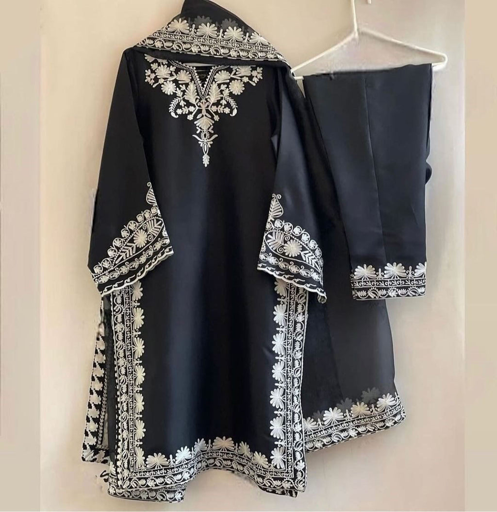 Embroidered 3PC Raw Silk Suit - Neck, Sleeves & Daman Design