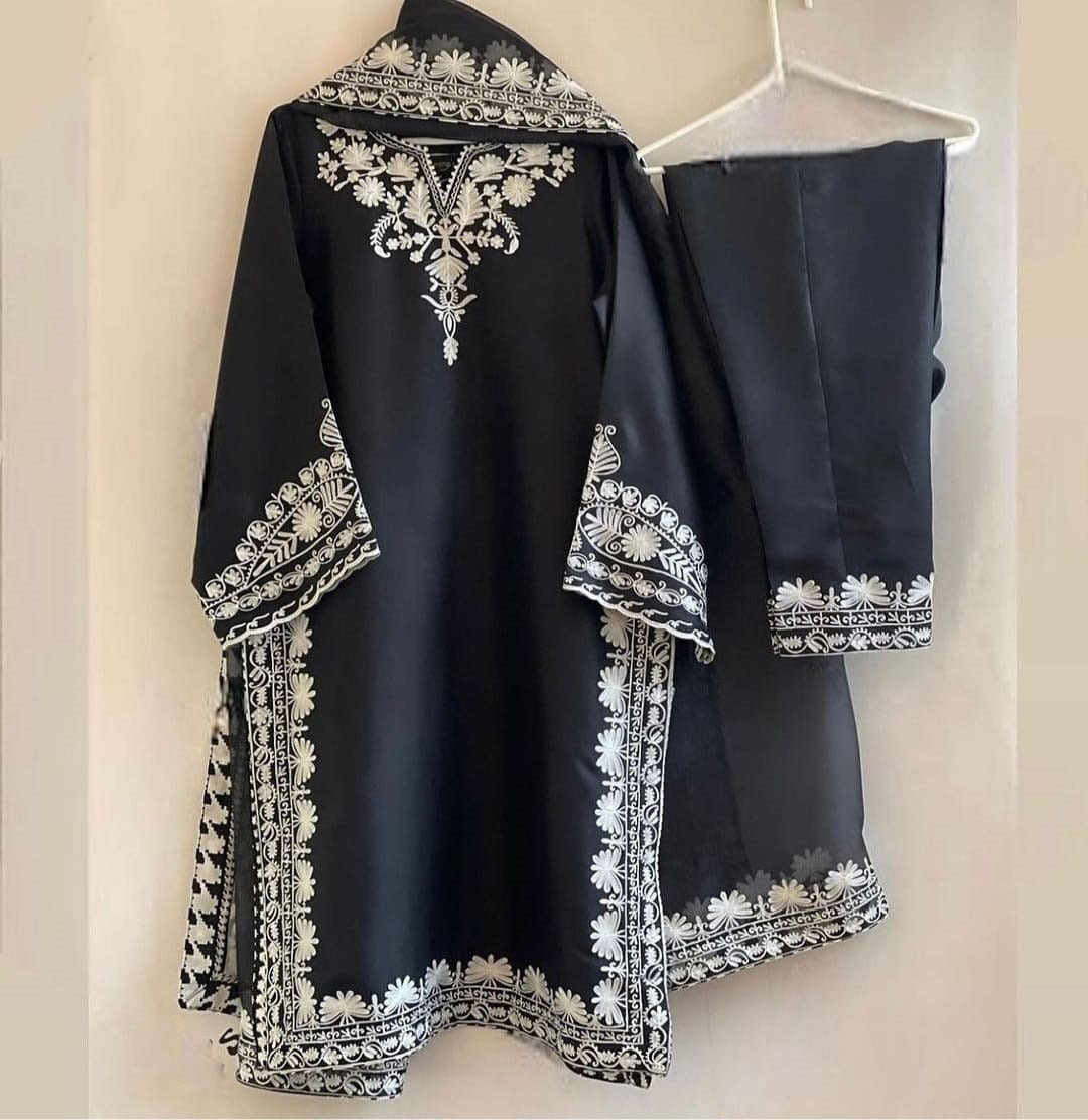 Embroidered 3PC Raw Silk Suit - Neck, Sleeves & Daman Design