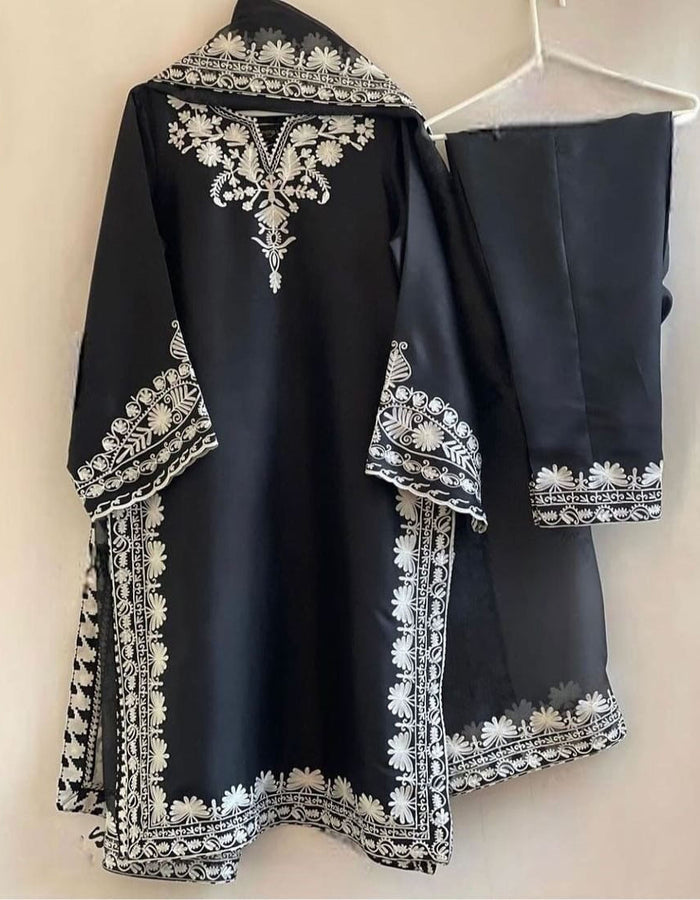 Embroidered 3PC Raw Silk Suit - Neck, Sleeves & Daman Design