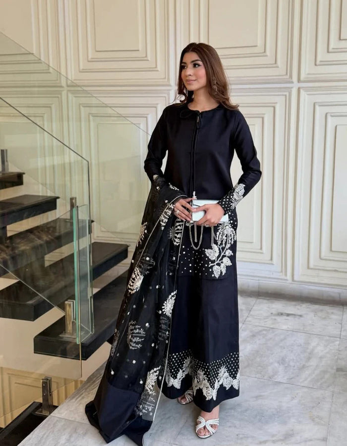 Embroidered Party Wear 3PC: Heavy Sequence Border & Flapper Pants