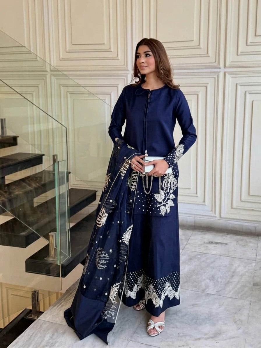 Embroidered Party Wear 3PC: Heavy Sequence Border & Flapper Pants