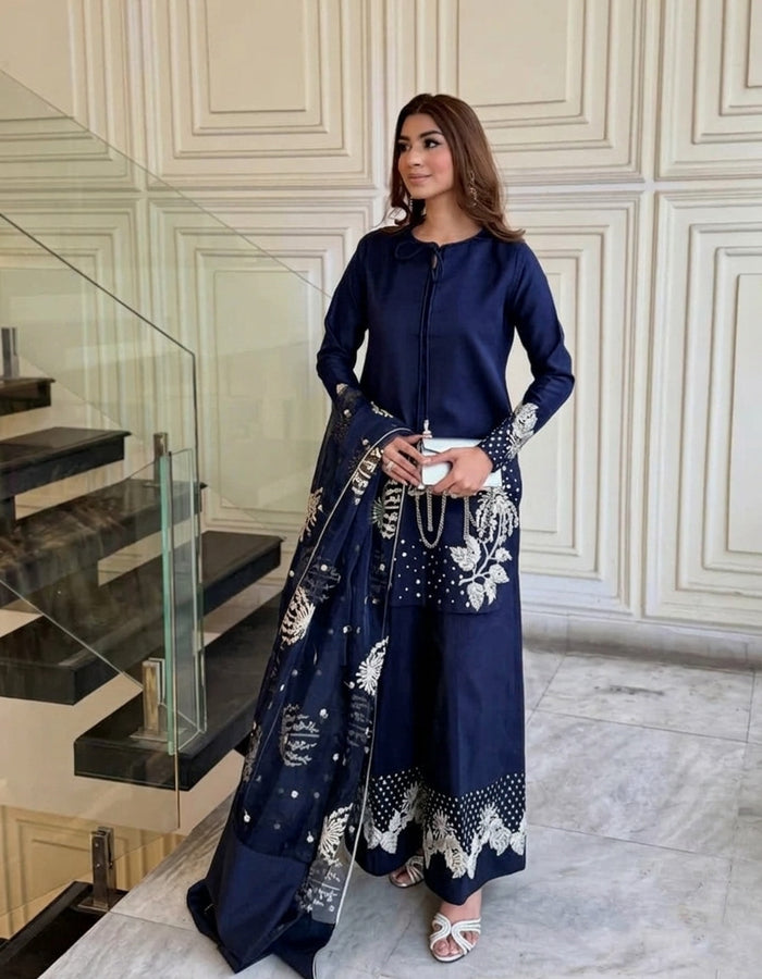 Embroidered Party Wear 3PC: Heavy Sequence Border & Flapper Pants