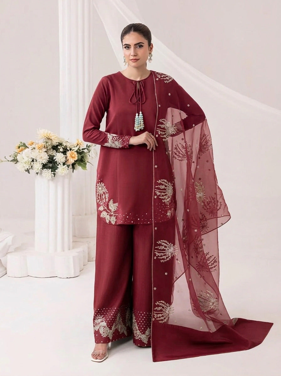 Embroidered Party Wear 3PC: Heavy Sequence Border & Flapper Pants