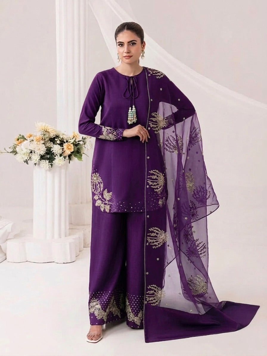 Embroidered Party Wear 3PC: Heavy Sequence Border & Flapper Pants