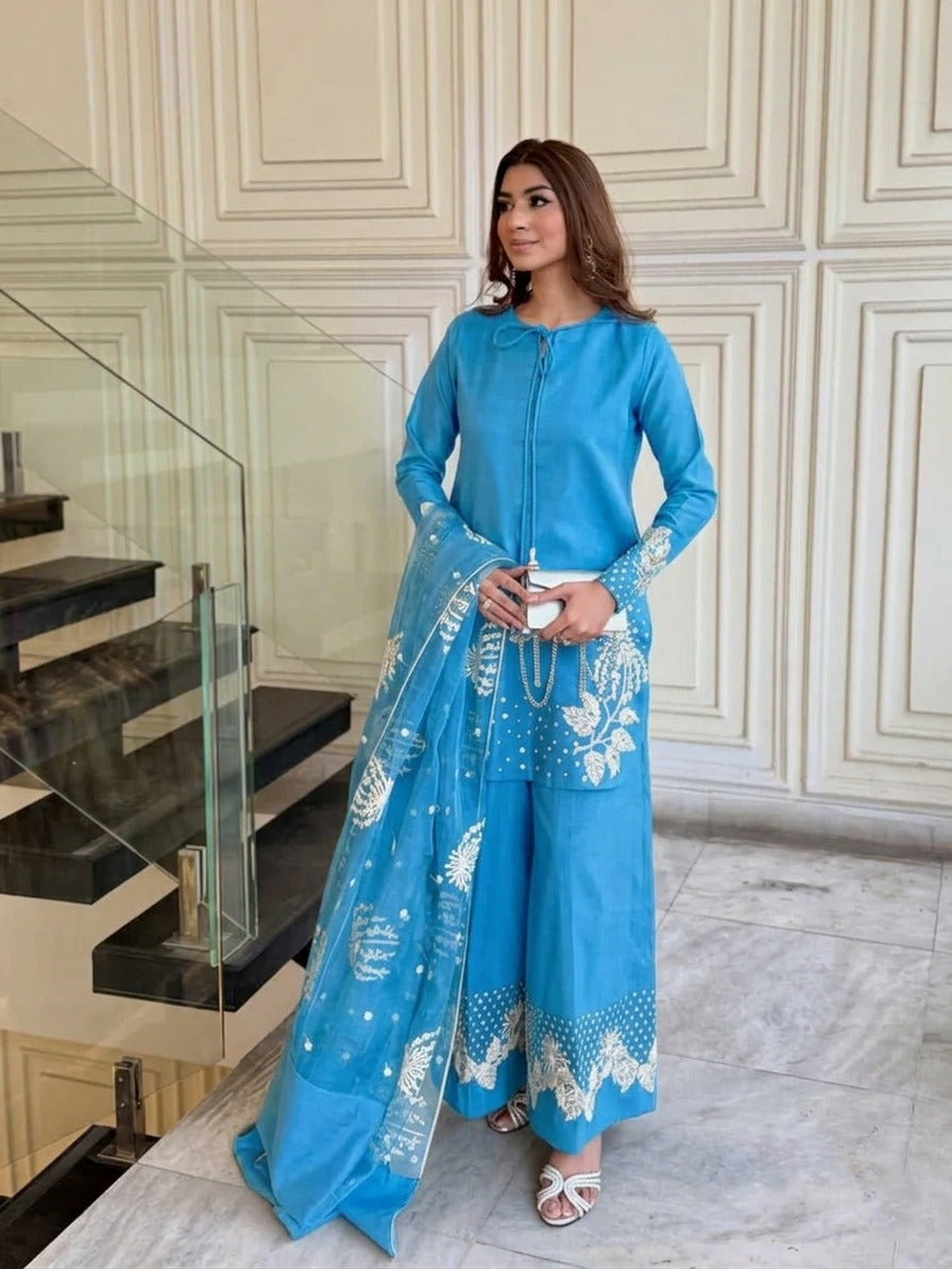 Embroidered Party Wear 3PC: Heavy Sequence Border & Flapper Pants