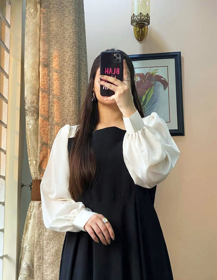 Pleated Black Maxi Dress with White Sleeves for Women