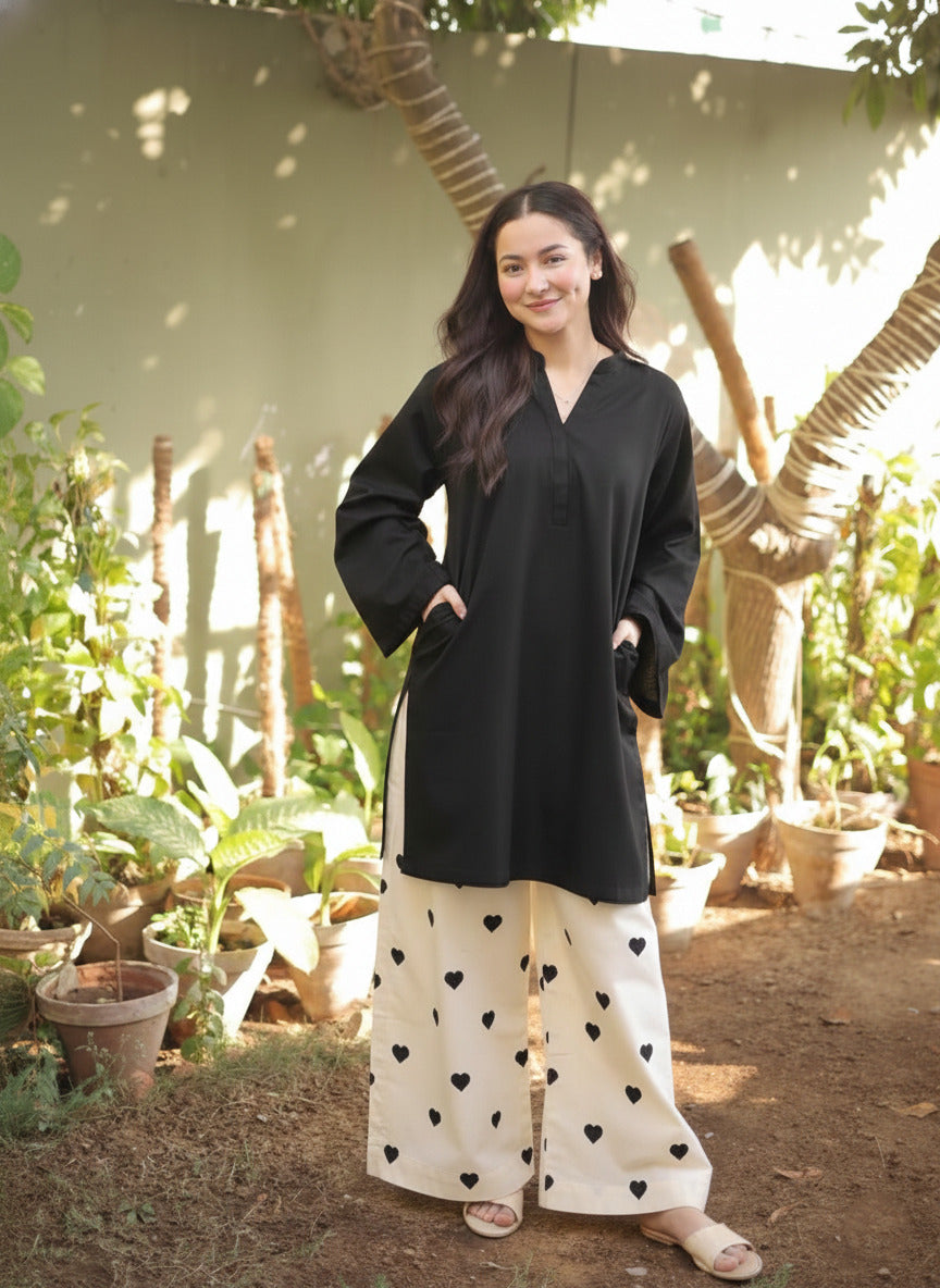 Heart Print V-Neck Pocket Style 2PC Co-Ord Set