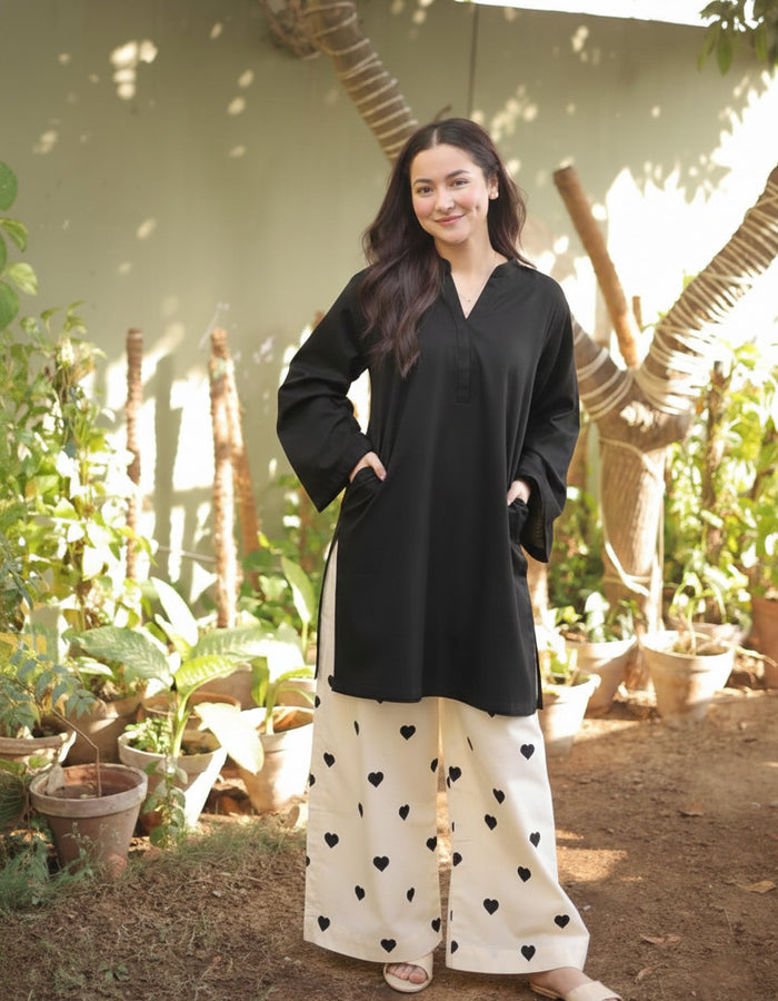 Heart Print V-Neck Pocket Style 2PC Co-Ord Set
