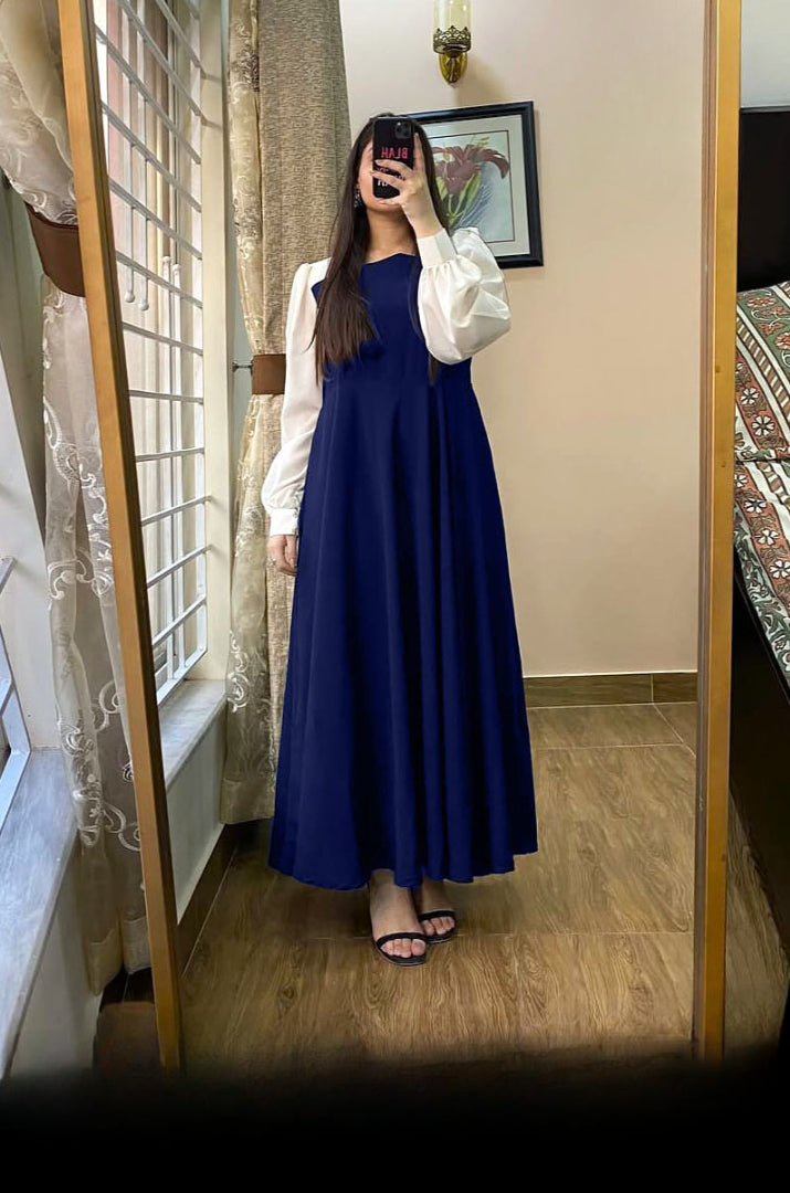 Pleated Black Maxi Dress with White Sleeves for Women