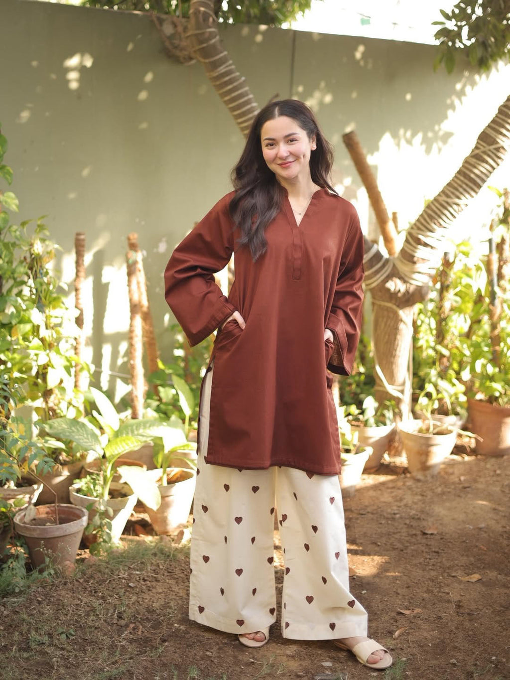 Heart Print V-Neck Pocket Style 2PC Co-Ord Set