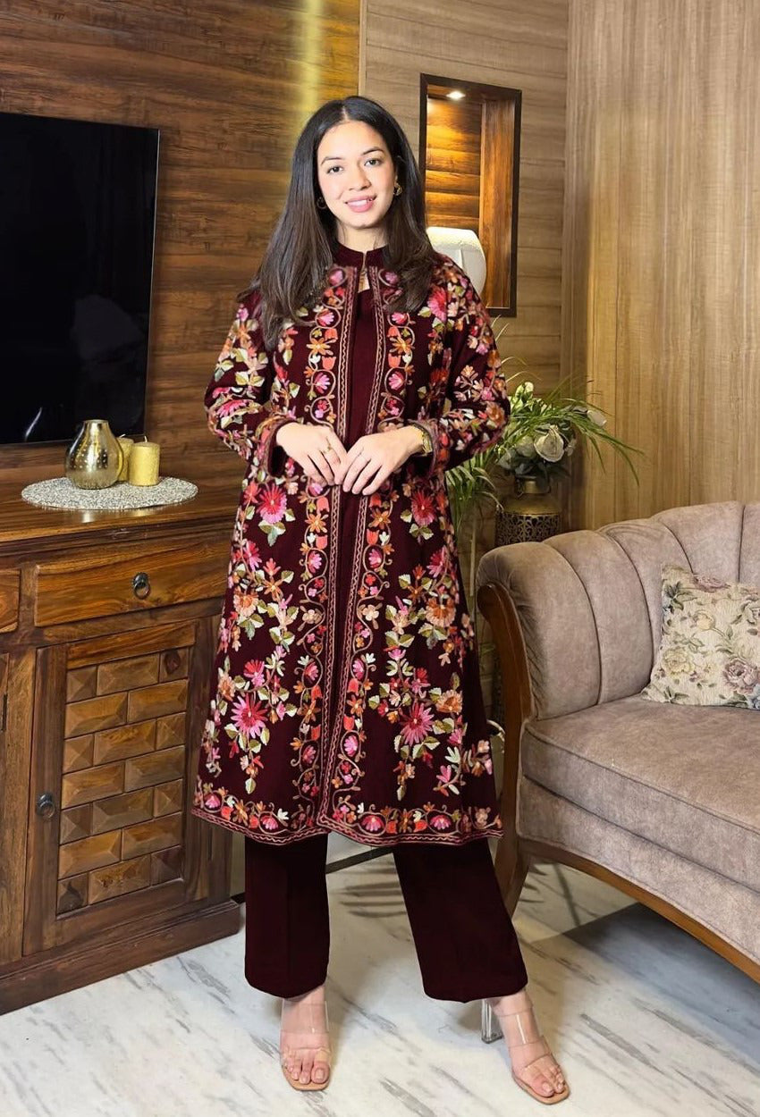 Embroidered 3PC Coat Set for Women