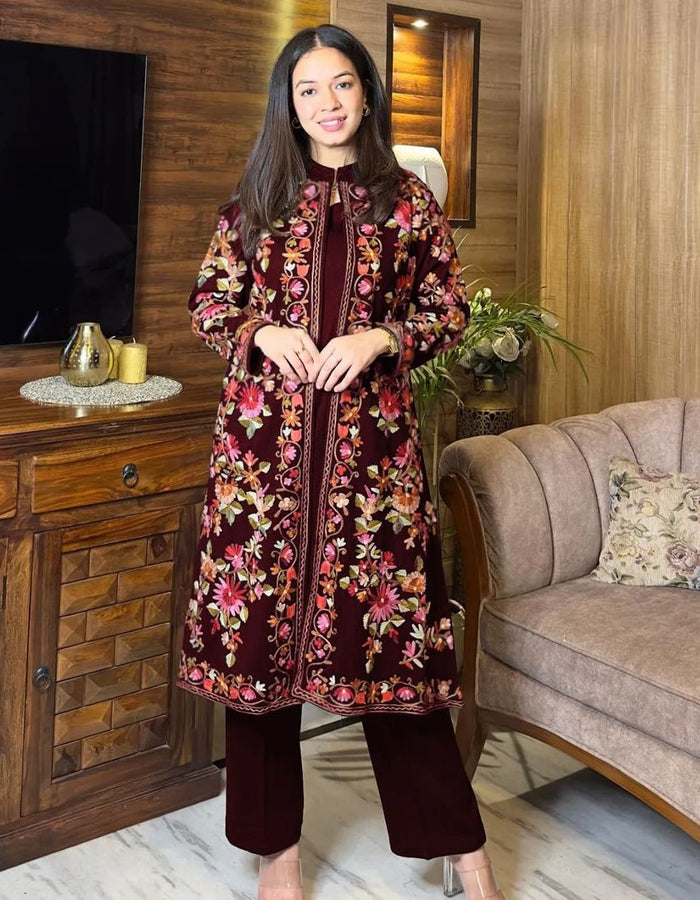 Embroidered 3PC Coat Set for Women