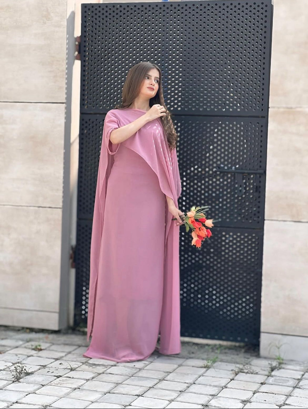 Stylish Cap Shawl Fitted Maxi 2PC for Women