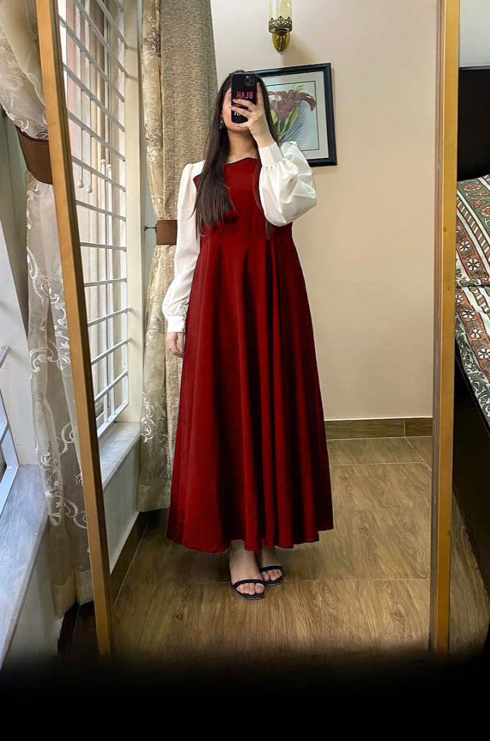 Pleated Black Maxi Dress with White Sleeves for Women