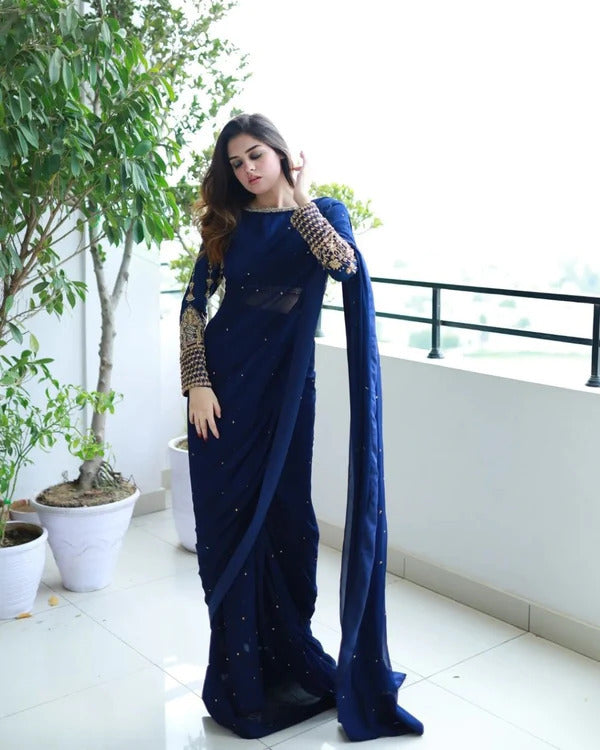 Multi-Sequence Blouse & Pearl Attached Saree Set